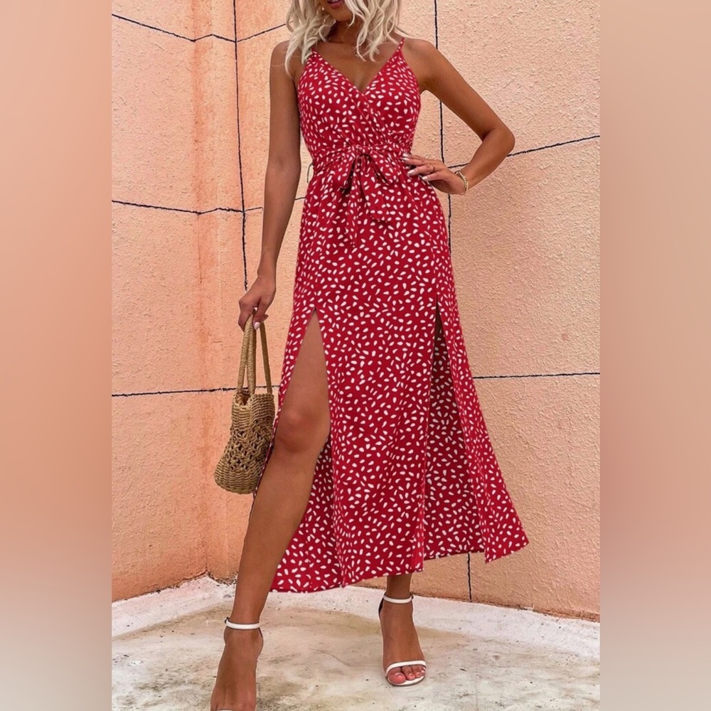 New Boho Sleeveless Red White belted cami dress with a slit and a tie waist M